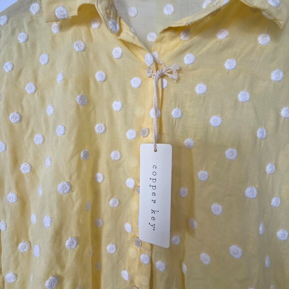 Women's Copper Key Blouse Yellow Sheer Polka Dot Button Down Shirt - Picture 3 of 4